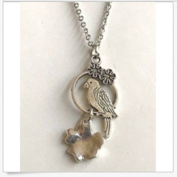 Vintage Parrot Necklace 20" Stainless Steel Chain Silver Tone Island Flowers - Picture 9 of 12